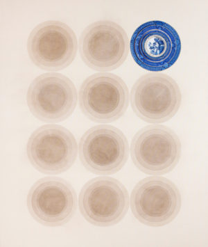 Linda mccue 21 Real old Willow 44 Circles III after Eva Hesse 2015 Öl Aquarell Textilfarbe auf Leinwand 130 x 110 cm